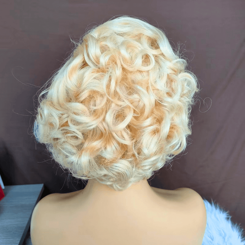 Blonde Pixie Cut Lace Frontal Curly Wig with Side Part Bangs Brazilian Hair-3