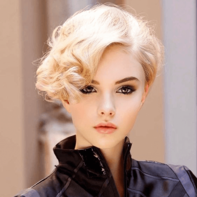 Blonde Pixie Cut Lace Frontal Curly Wig with Side Part Bangs Brazilian Hair-model