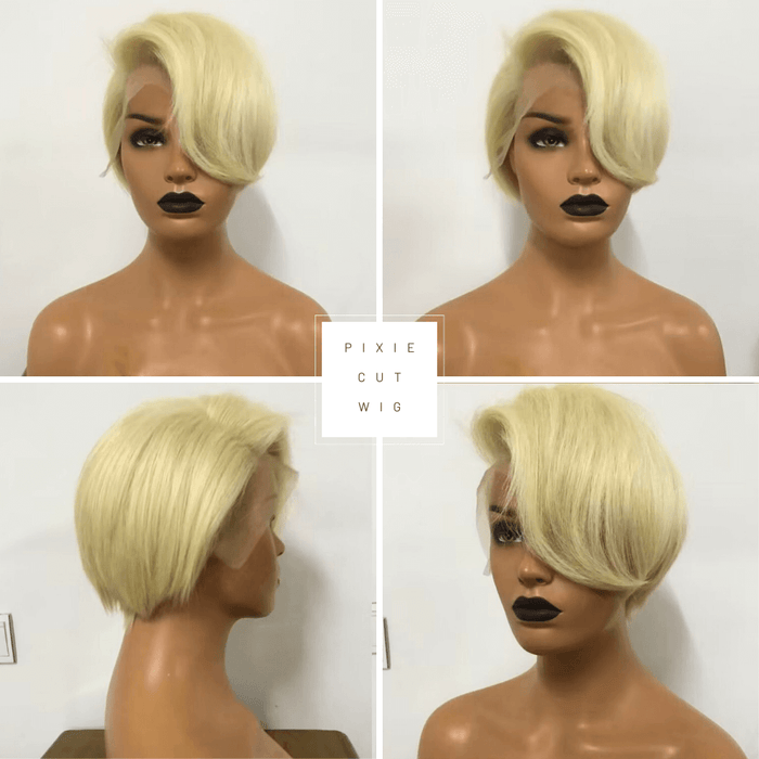 Straight Pixie Cut Blonde Lace Wig with Side Part Bangs Human Hair-1