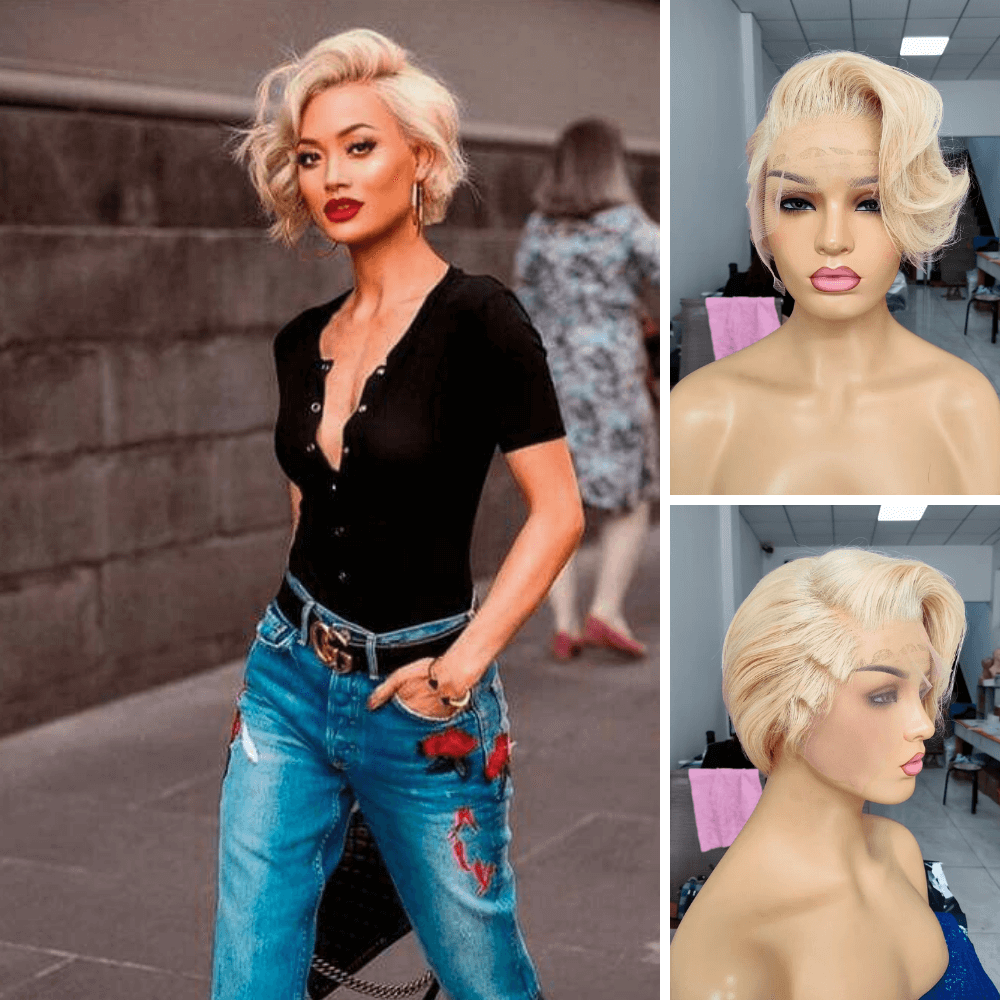 Blonde Razor Cut Wig with Side Part Bangs Human Hair for Black Women-main