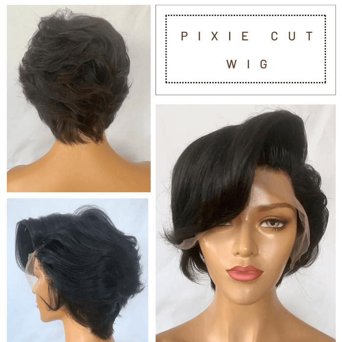 Black Pixie Cut Human Hair Lace Wig Wavy with Side Part Bangs-4