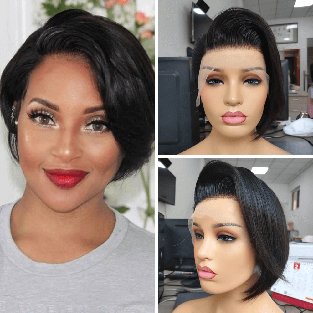 Short black pixie cut lace frontal wig human hair for African