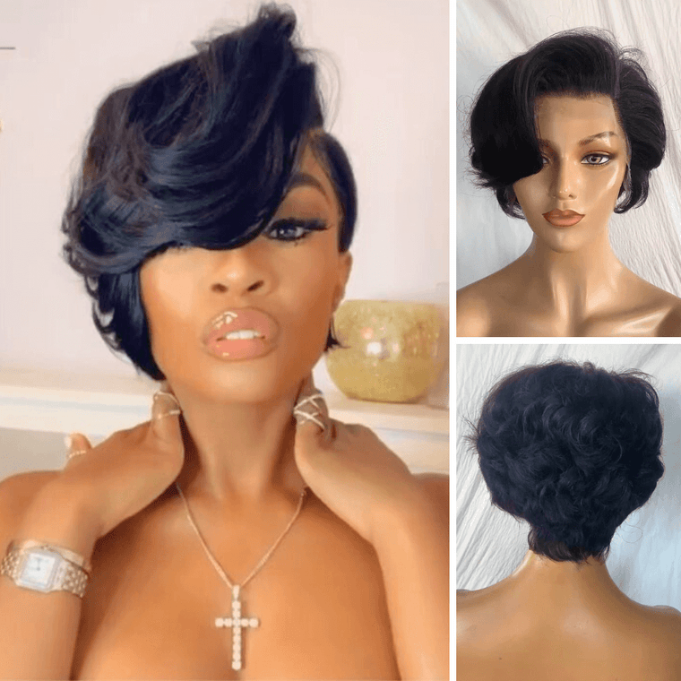 Pixie Cut Lace Front Wigs Human Hair with Side Part Bangs