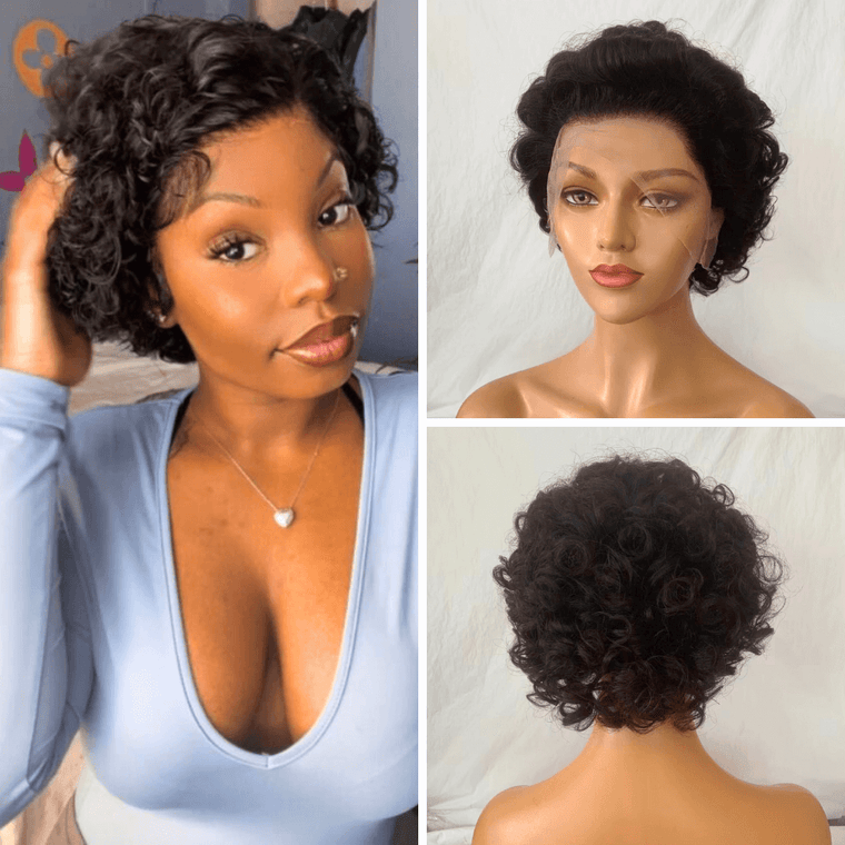 Black Curly Pixie Cut Lace Front Wig Human Hair for Black Women