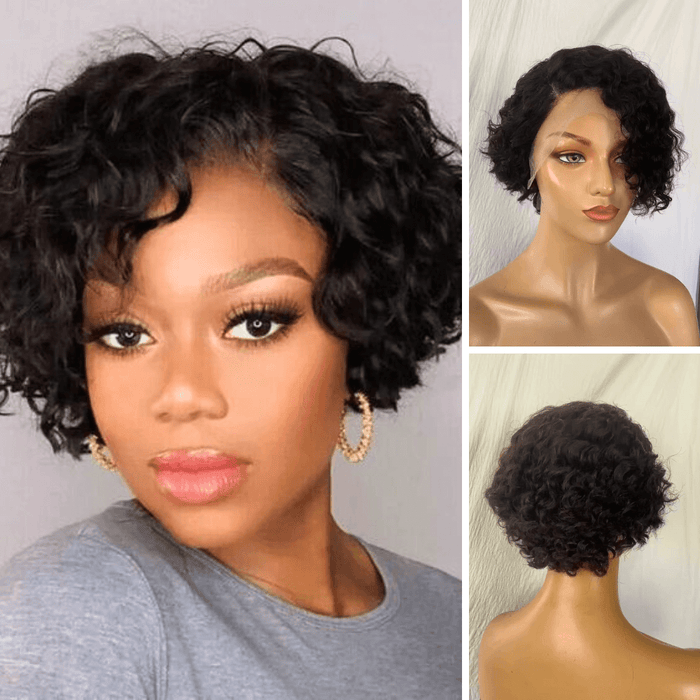 Side Part Curly Pixie Cut Wig Human Hair  Lace Front 13x6 for African American-main