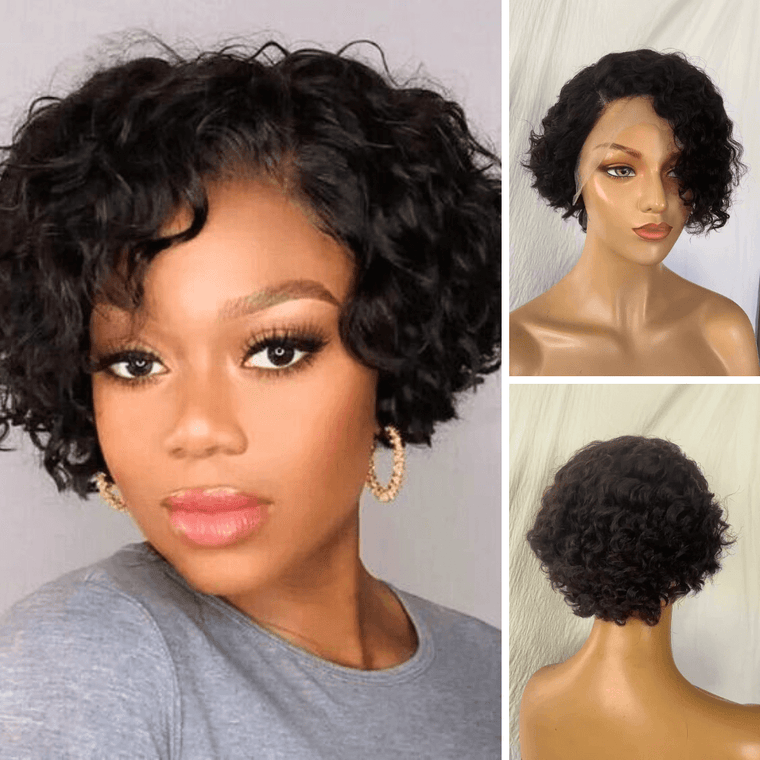 Side Part Curly Pixie Cut Wig Human Hair  Lace Front 13x6 for African American