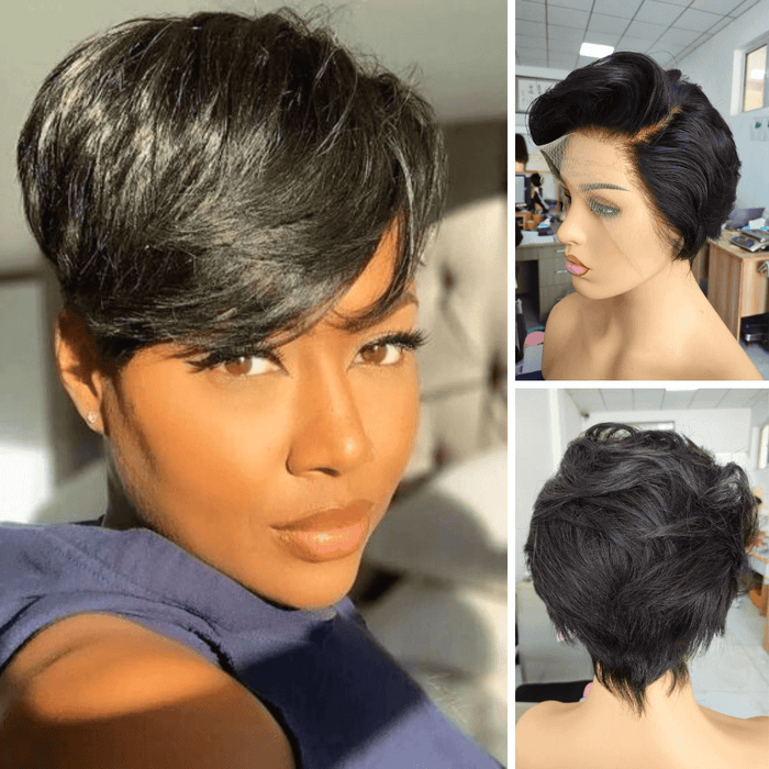 Frontal Pixie Cut Wig 100% Human Hair Black Color for African American-main