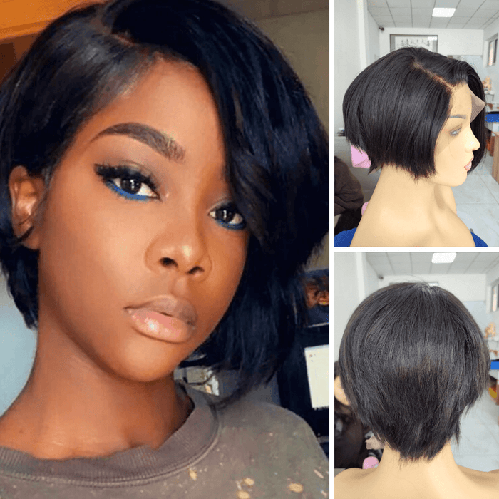 Pixie Cut Human Hair Bob Wig Side Part Lace Front for African American-main