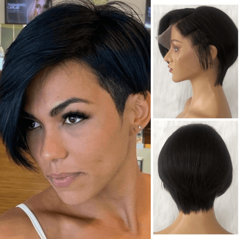 Pixie Cut Wig with Frontal Human Hair Side Part Bangs for African American-main