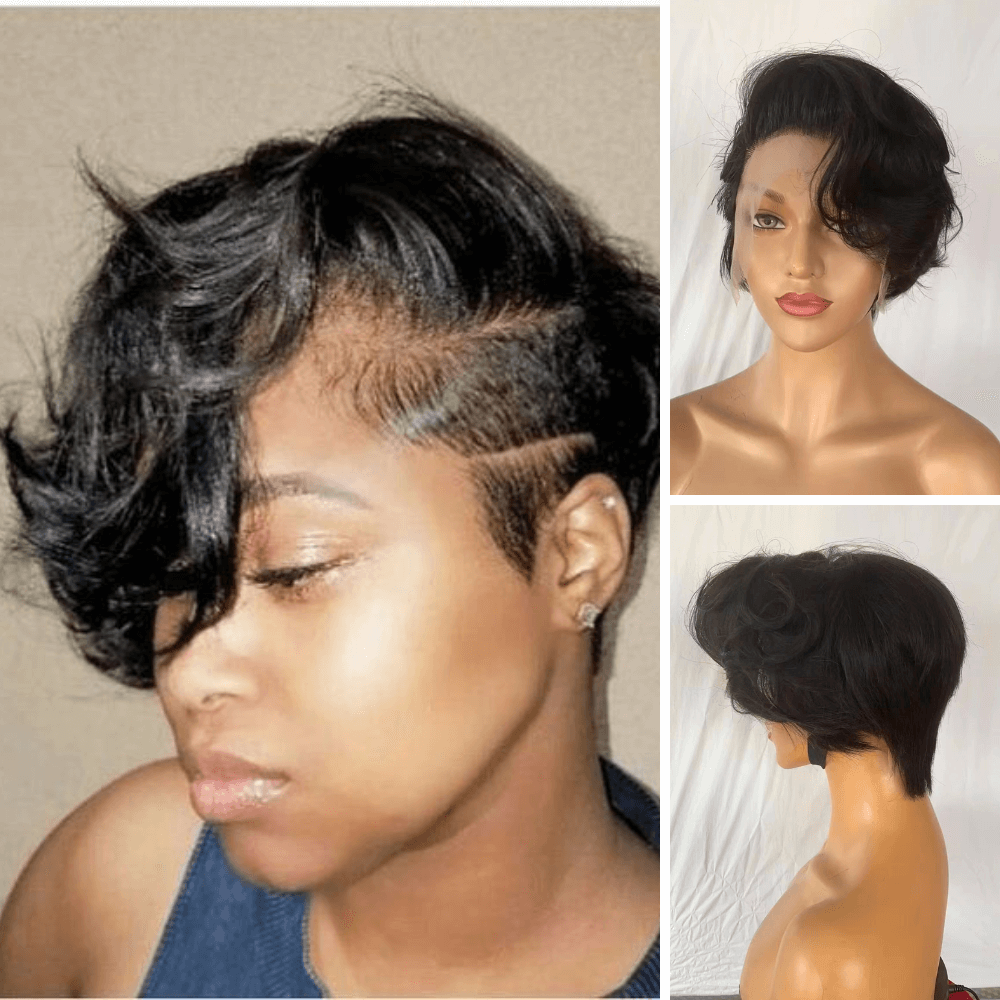 100% Human Hair Short Pixie Wigs with Side Part Bangs for African American-main
