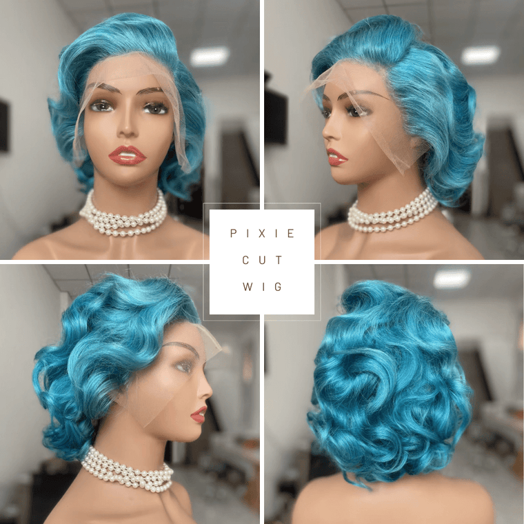 Blue Wavy Pixie Cut Lace Frontal Wig Brazilian Hair for African American