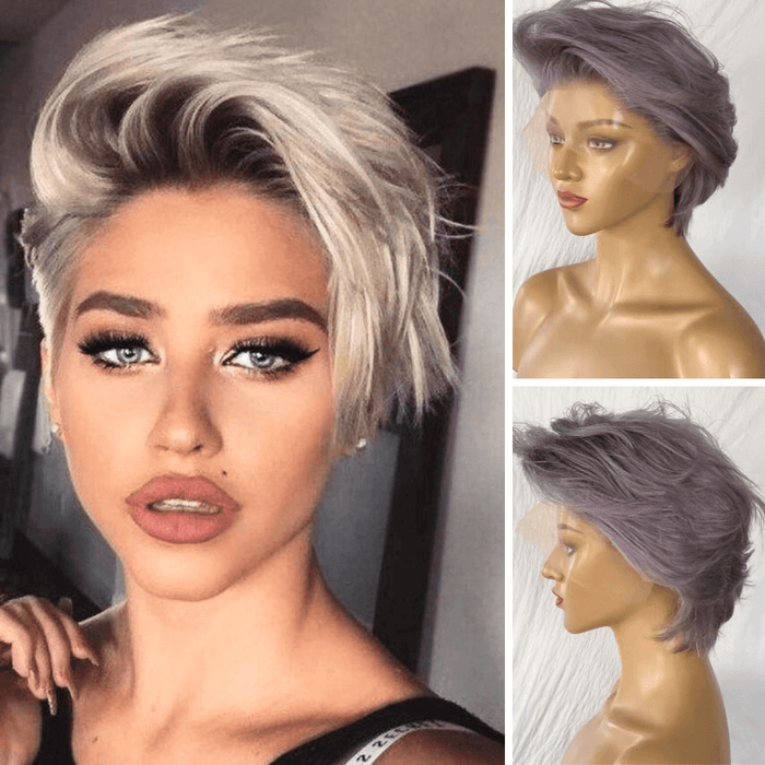 Grey Pixie Cut Lace Wig Brazilian Hair  with Bangs for African American-main