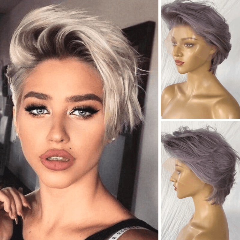 Grey Pixie Cut Lace Wig Brazilian Hair  with Bangs for African American-main