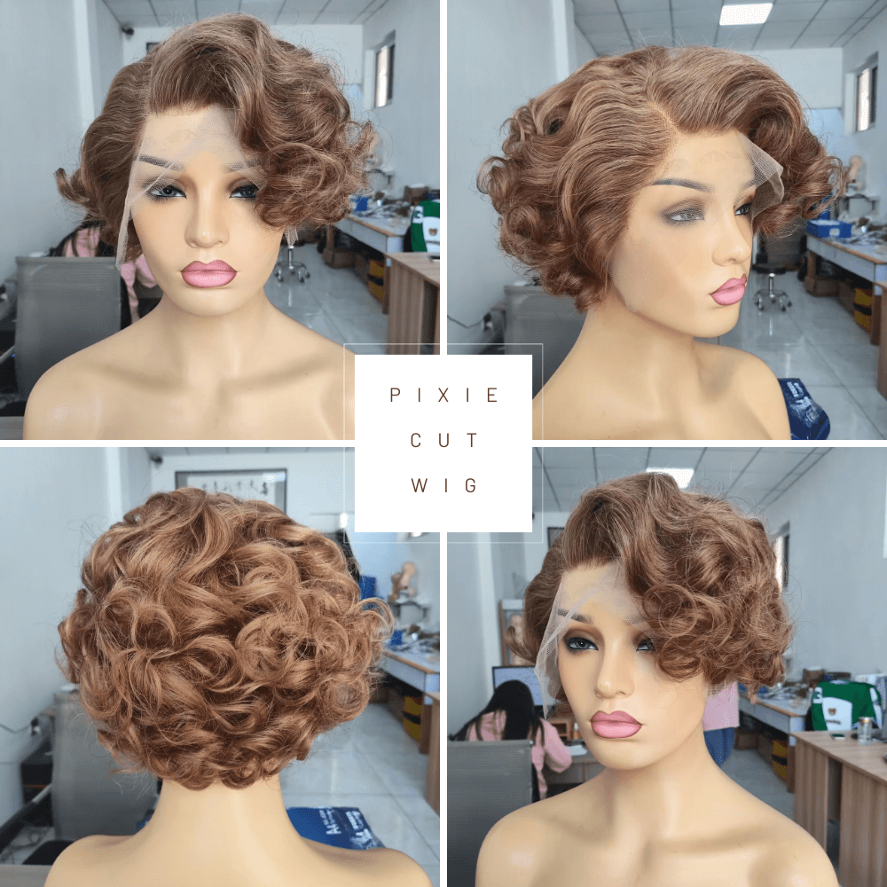 Brown Pixie Cut Wavy Wig Brazilian Hair Lace Front 13x4 for African American-a