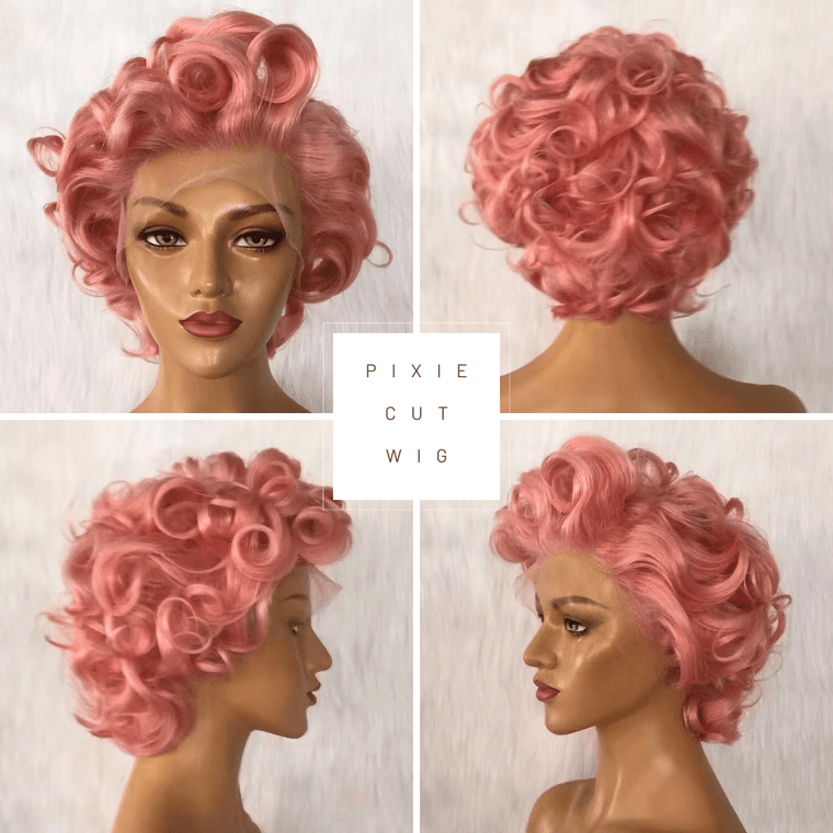 Pink Human Hair Pixie Cut Wig Lace Frontal 13x6 for African American