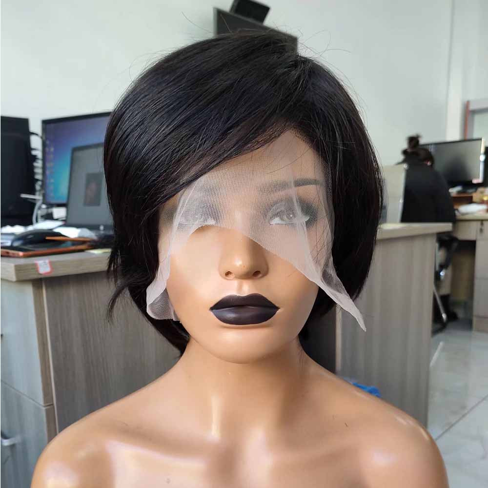 100% Human Hair Short Pixie Wigs Straight Lace Frontal Wig for Black Women