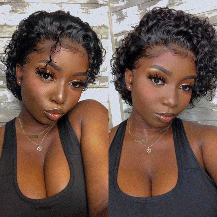 Pixie Cut Wig Short Curly Human Hair Transparent Lace Wig for Black Women