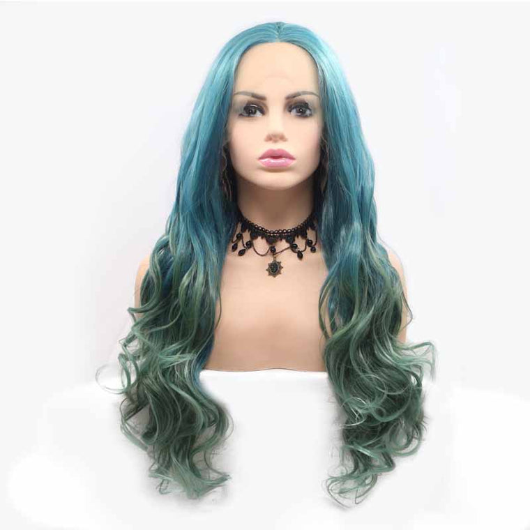 Blue Green Synthetic Wig Body Wave 24inch Lace Front wig for Women