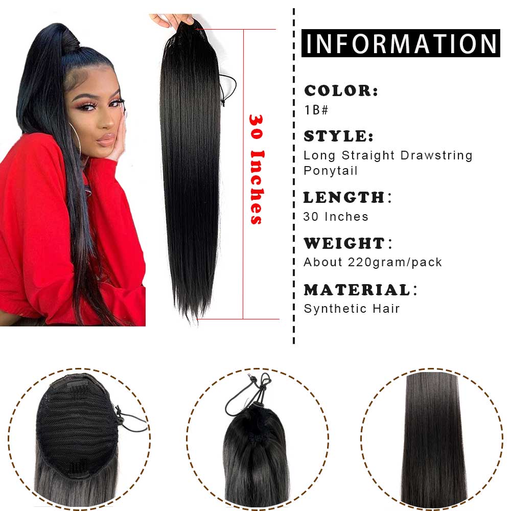 30inch Long Ponytail Extension Straight Yaki Drawstring High Ponytail ...