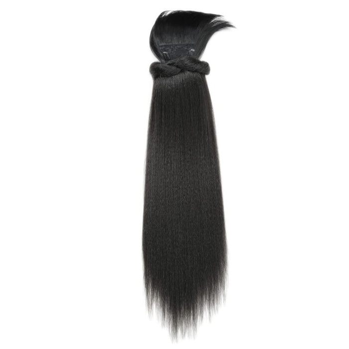 VAVANGA 24inch Yaky Straight Ponytail with Bangs, Long Synthetic Drawstring Ponytail & Swoop Side Bang Quick Pony Bang Clip in China Bang Attached Ponytail Extension for Black Women