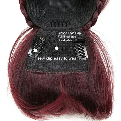 VAVANGA 16inch Loose Deep Wave Ponytail with Bangs, Synthetic Ombre Red Ponytail & Swoop Side Bang Quick Pony Bang Hair piece China Bang Attached Drawstring Ponytail Extension for Black Women