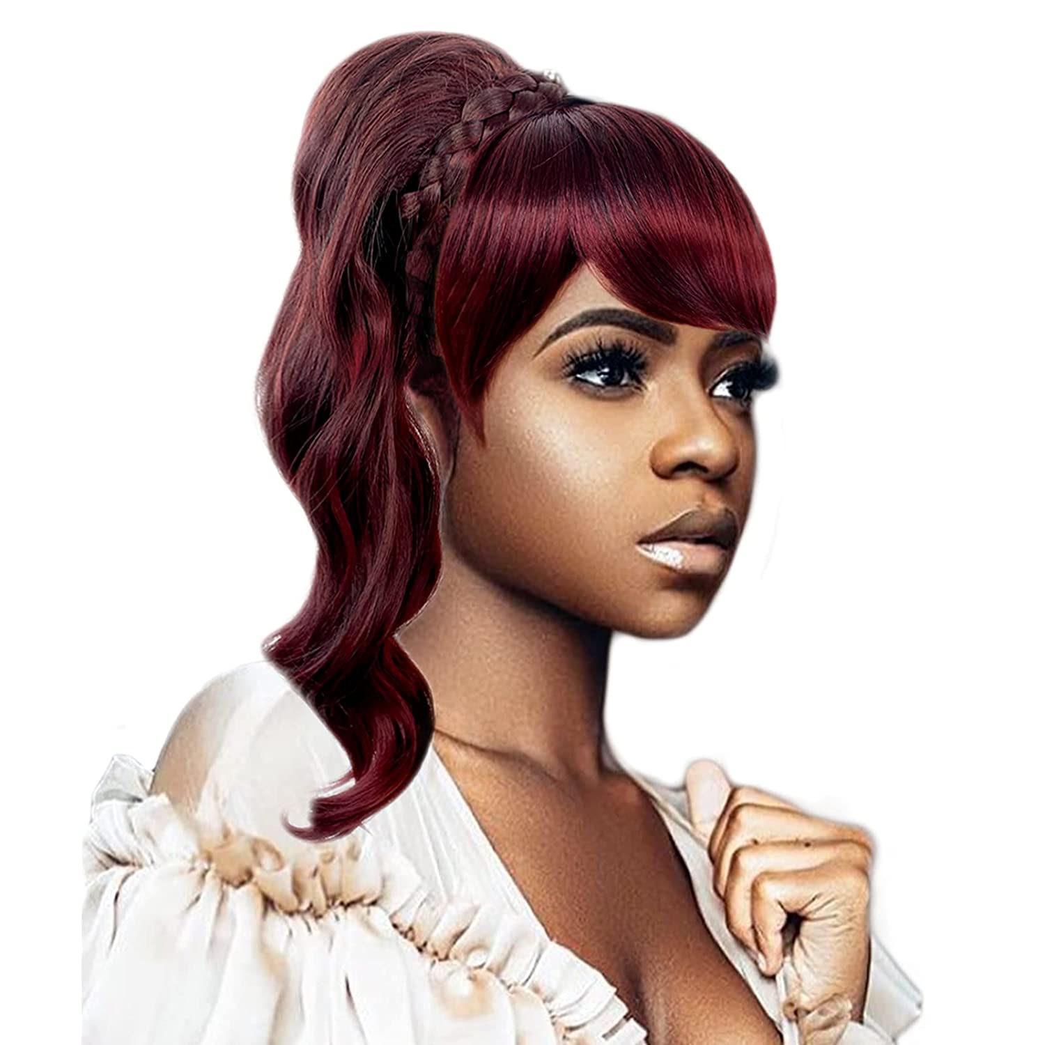 VAVANGA 16inch Loose Deep Wave Ponytail with Bangs, Synthetic Ombre Red Ponytail & Swoop Side Bang Quick Pony Bang Hair piece China Bang Attached Drawstring Ponytail Extension for Black Women