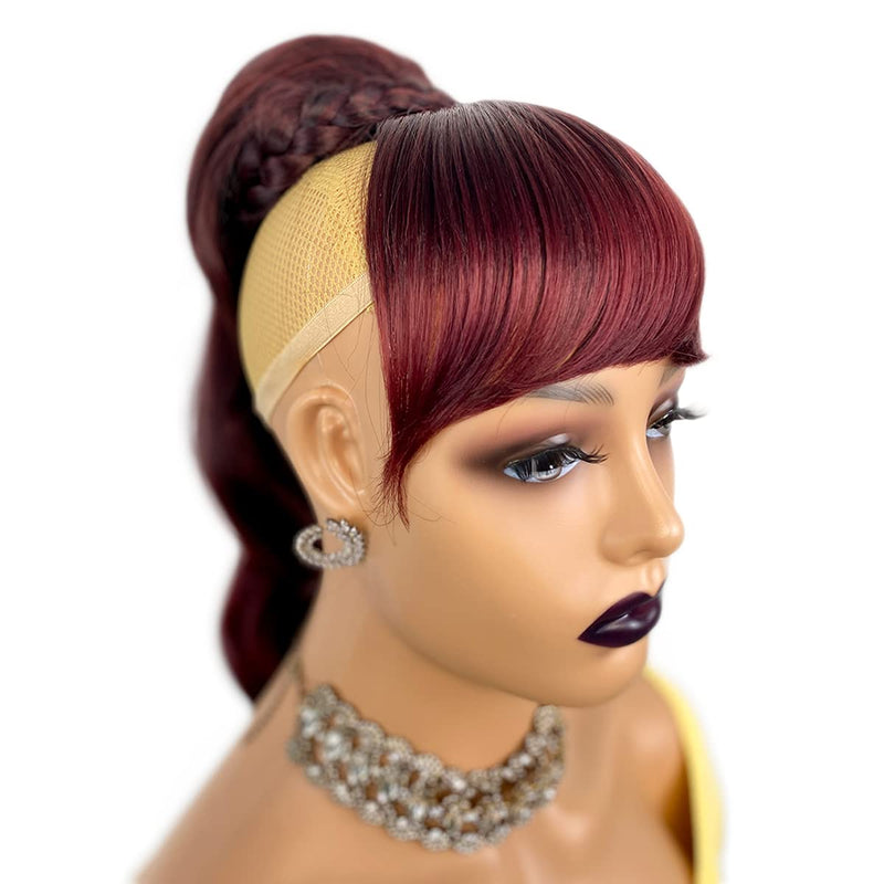 VAVANGA 16inch Loose Deep Wave Ponytail with Bangs, Synthetic Ombre Red Ponytail & Swoop Side Bang Quick Pony Bang Hair piece China Bang Attached Drawstring Ponytail Extension for Black Women