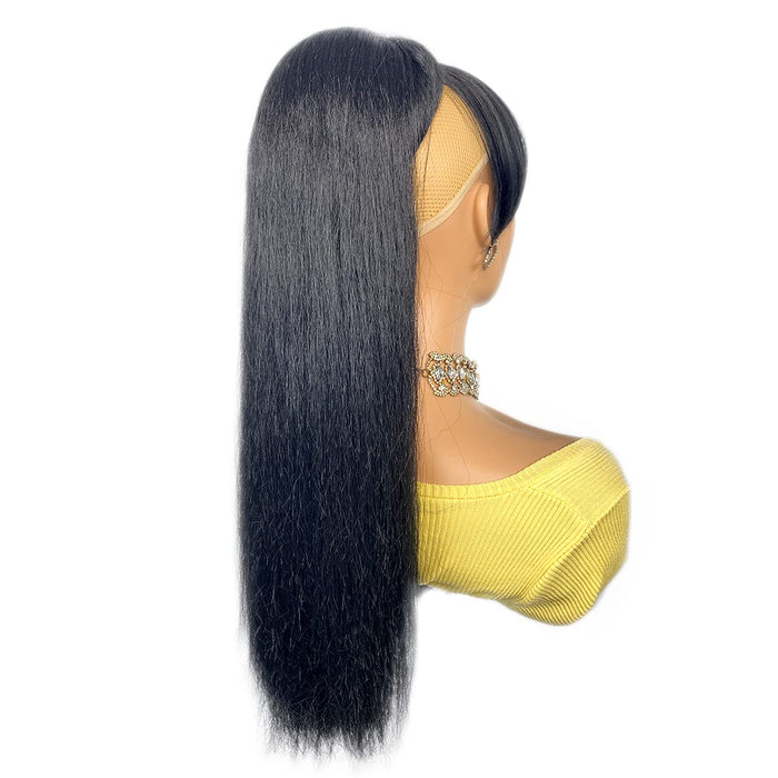 VAVANGA 24inch Yaky Straight Ponytail with Bangs, Long Synthetic Drawstring Ponytail & Swoop Side Bang Quick Pony Bang Clip in China Bang Attached Ponytail Extension for Black Women