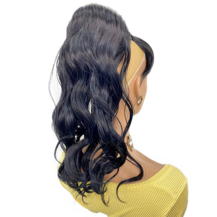 VAVANGA 16inch Loose Deep Wave Ponytail with Bangs, Synthetic Hair Black Ponytail & Swoop Side Bang Quick Pony Bang Hair piece China Bang Attached Drawstring Ponytail Extension for Black Women