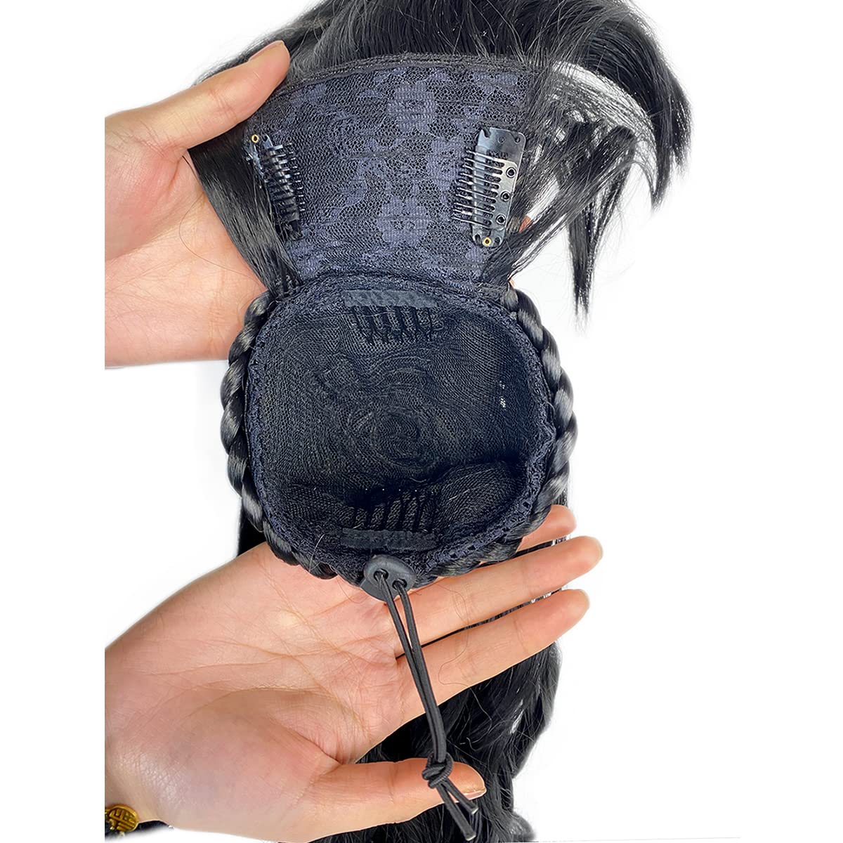 VAVANGA 16inch Loose Deep Wave Ponytail with Bangs, Synthetic Hair Black Ponytail & Swoop Side Bang Quick Pony Bang Hair piece China Bang Attached Drawstring Ponytail Extension for Black Women