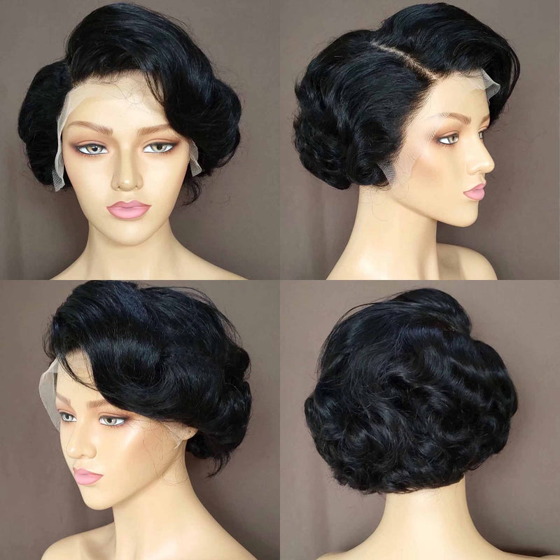 Black Curly Pixie Cut Lace Wig Lace Frontal Wig for African American