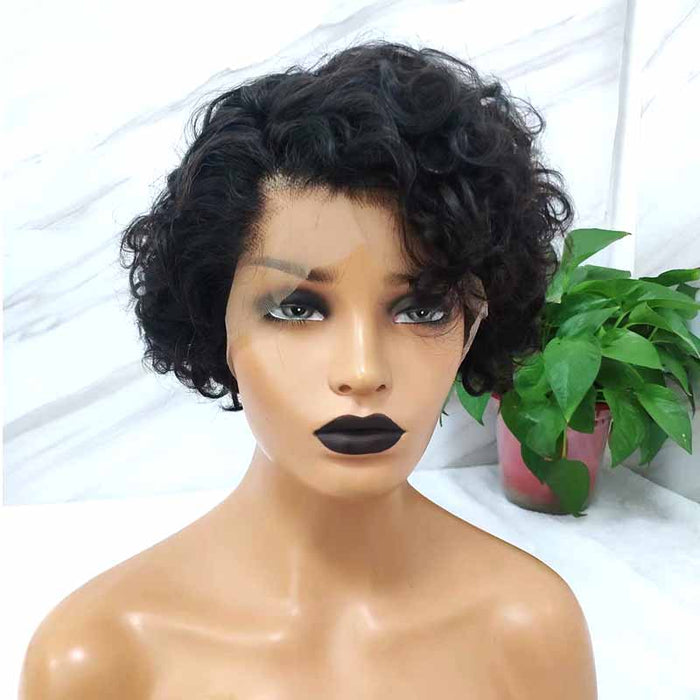 Black curly pixie cut lace wig for sale