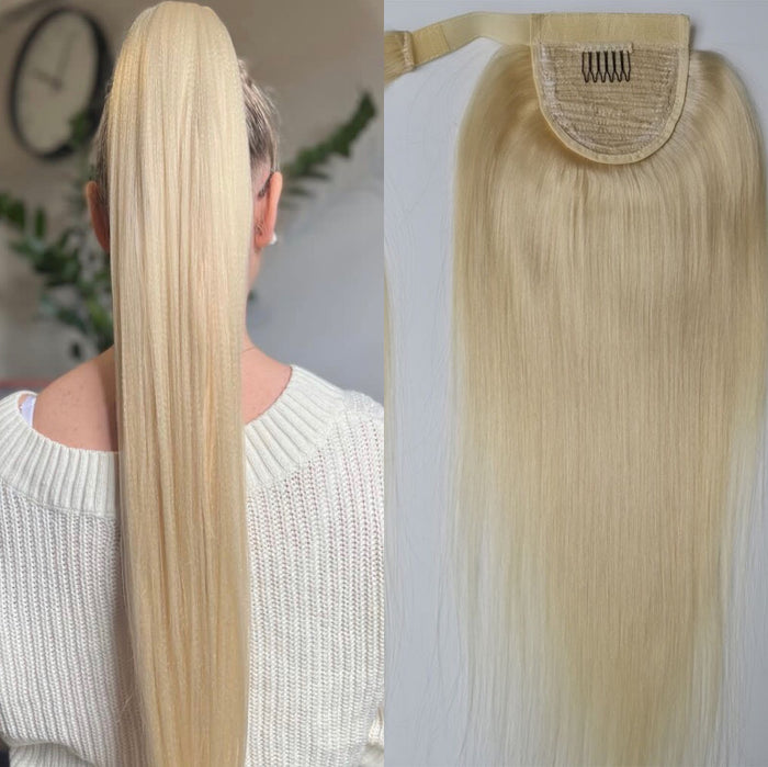 Blonde Human Hair Clip in Ponytail Straight
