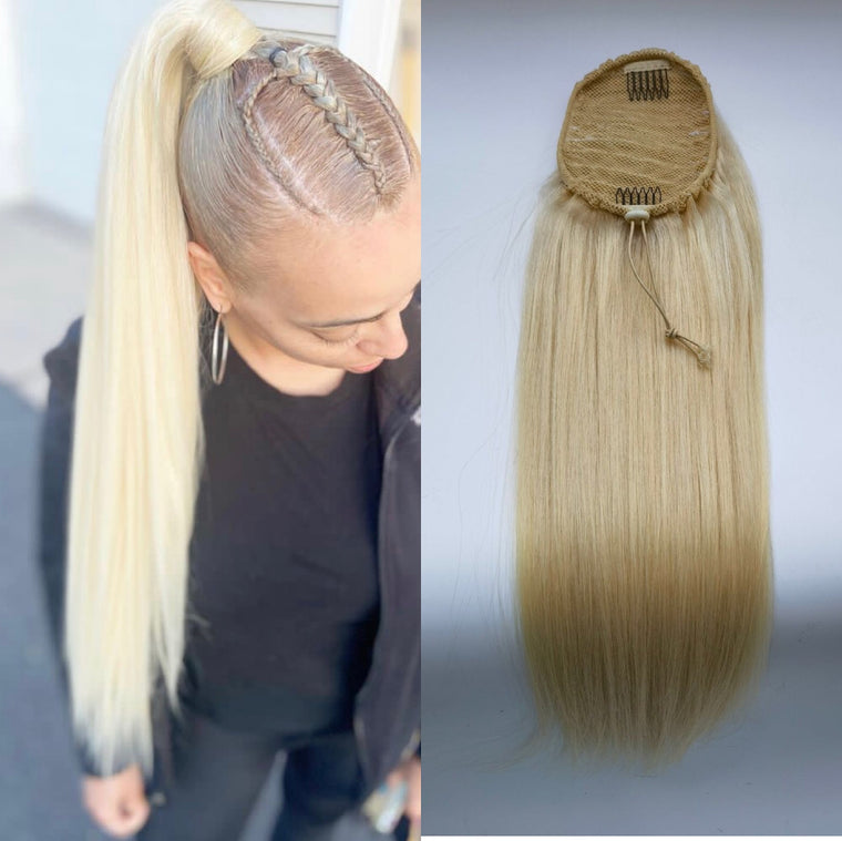 Blonde Human Hair Drawstring Ponytail Straight Hair for Black Women