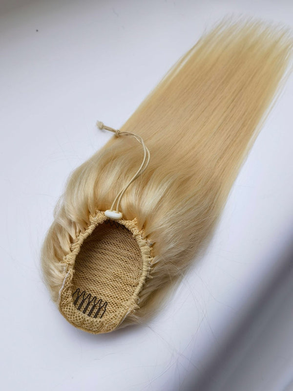 Blonde Human Hair Drawstring Ponytail Straight Hair full