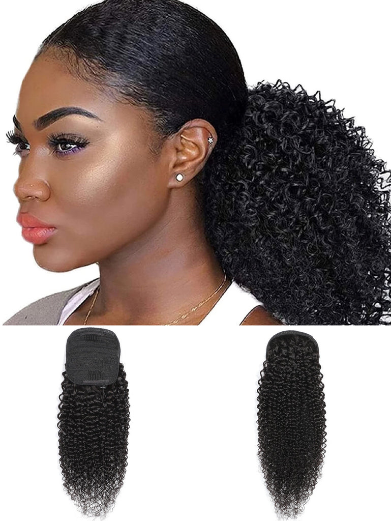 Brazilian Human Hair Kinky Curl Ponytail Drawstring Black Ponytail Extension