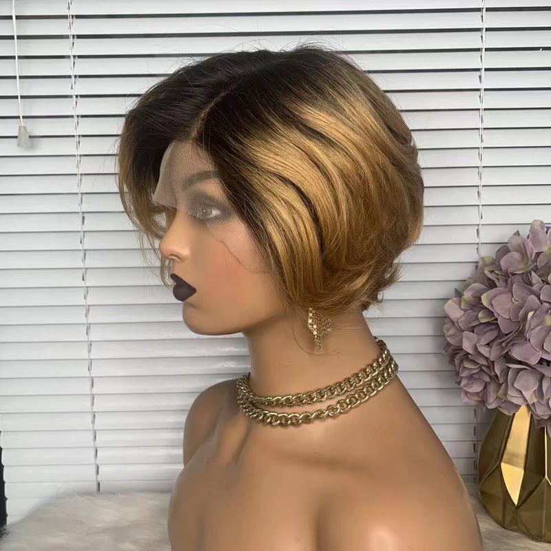 Brown Ombre Pixie Cut Human Hair Wig 13x1 Lace Wig For African American