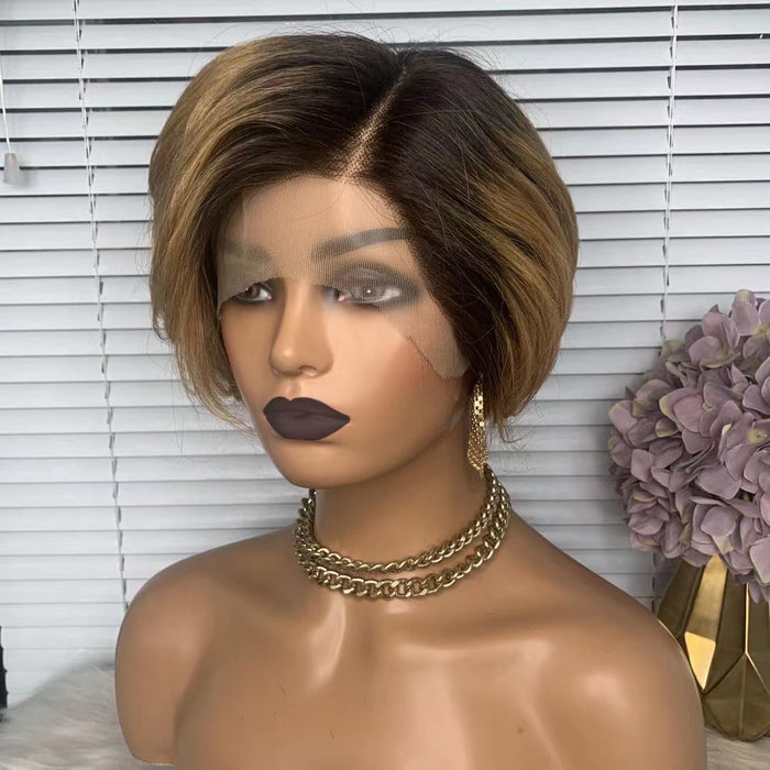 Brown Ombre Pixie Cut Human Hair Wig 13x1 Lace Wig For black women