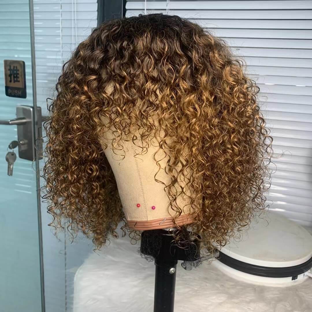 Brown highlight Human Hair Curly Wig With Bangs For African American