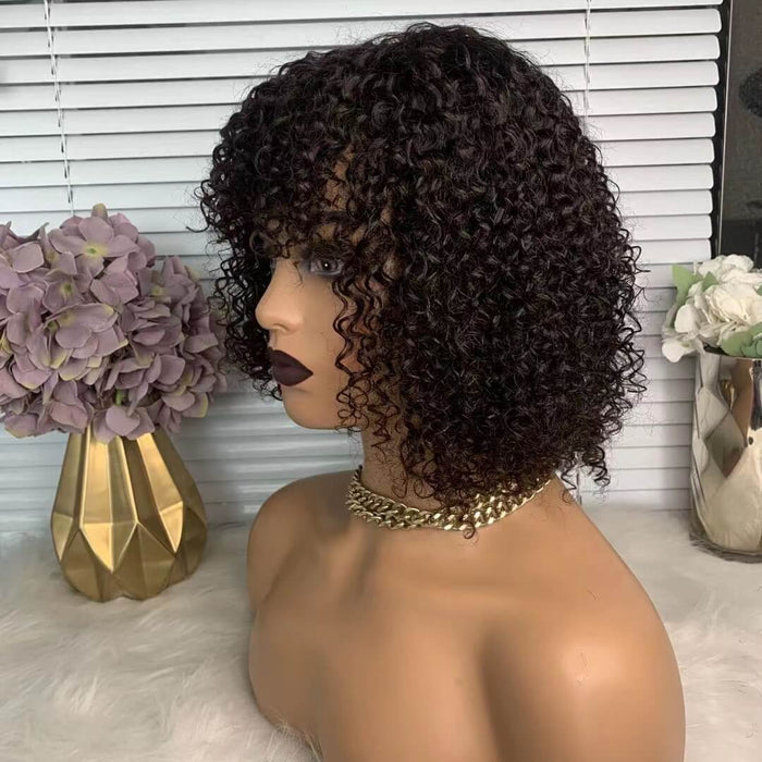 Curly Human Hair Wig with Bangs for black women