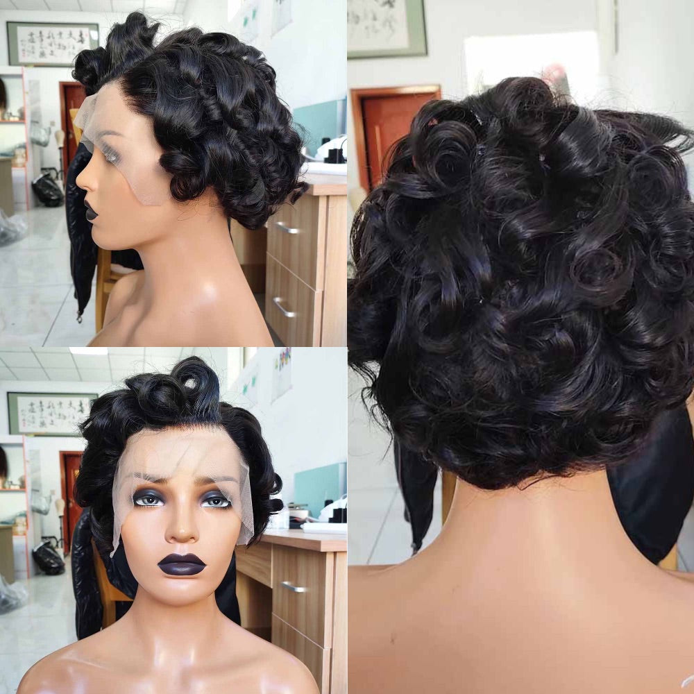 Curly Pixie Cut Lace Wig Human Hair  Lace Frontal  Wig 