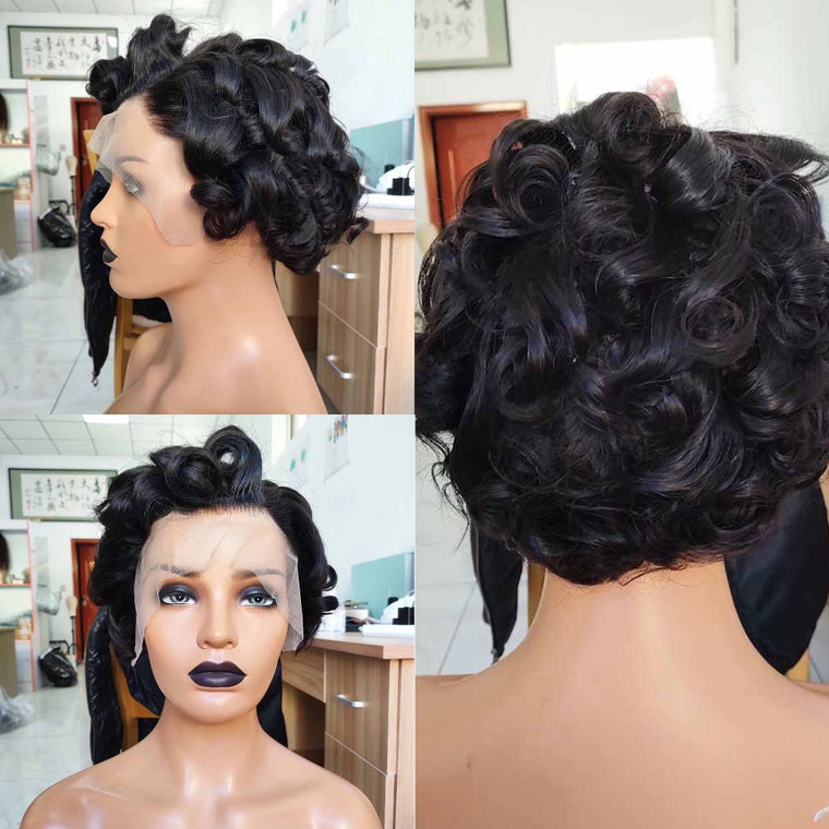 Curly Pixie Cut Lace Wig Human Hair  Lace Frontal  Wig for African American