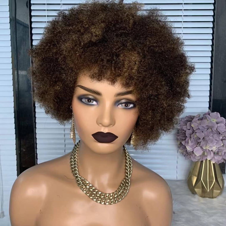 Highlight Afro Human Hair Wig Short Kinky Curly Wig For African American