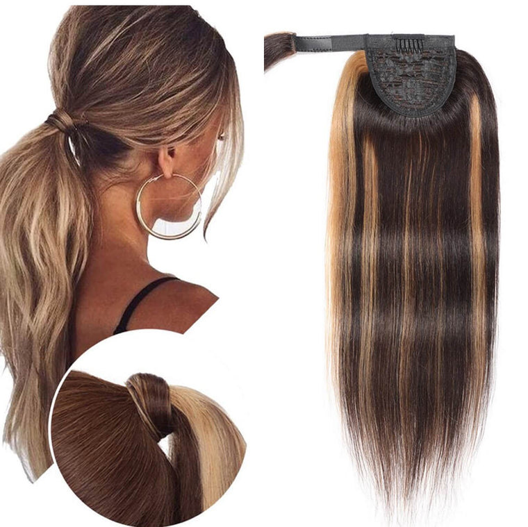 Highlight Human Hair Clip-in Ponytail #P4/27 Straight Hair for Black Women