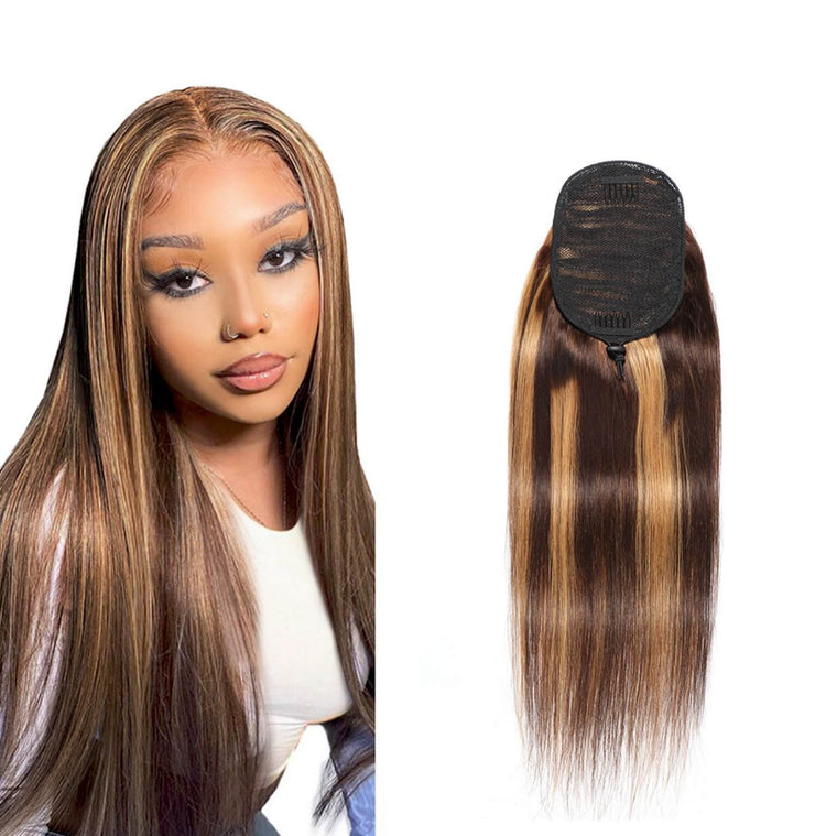 Highlight Human Hair Drawstring Ponytail #P4/27 Straight Hair for Black Women