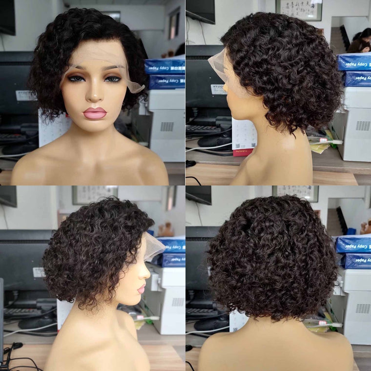 Human Hair Pixie Cut Curly Bob Wig for Black Women Lace Frontal Wig