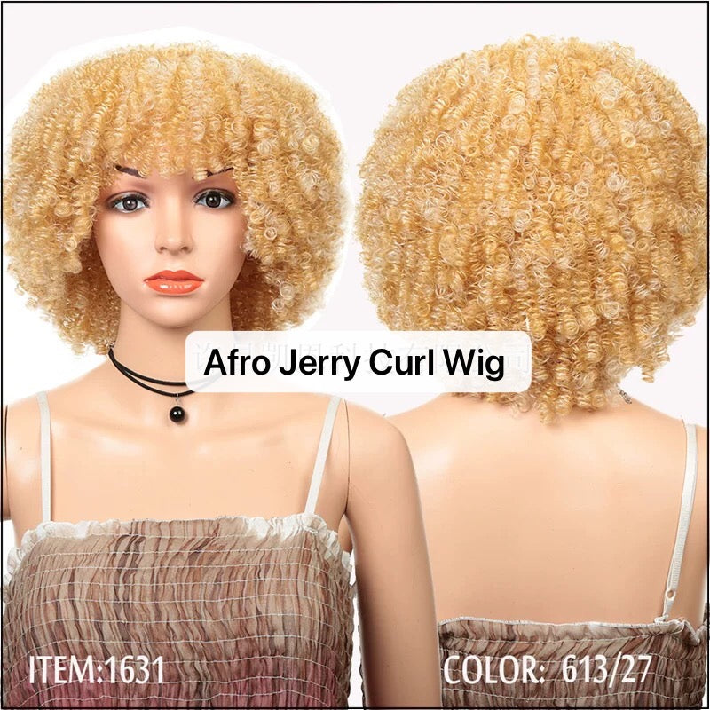 Afro Jerry Curl Wig With Bangs Short Synthetic Wig Afro kinky for Black Women