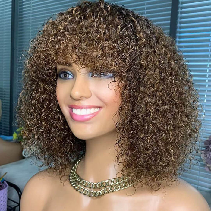Middle length Brown Curly Wig With Bangs Human Hair Kinky Curl