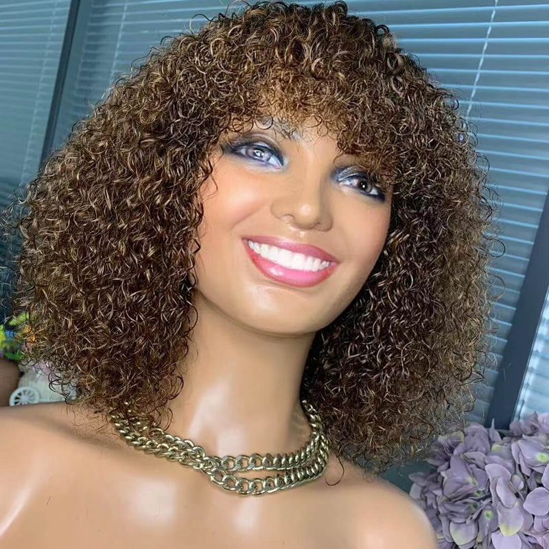 Middle length Brown Curly Wig With Bangs Human Hair