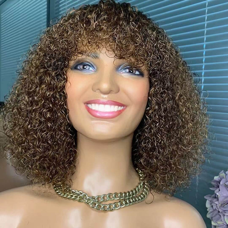 Middle length Brown Curly Wig With Bangs Human Hair Kinky Curl  For Women